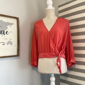 Madewell Coral Pink 100% Silk 3/4 Sleeve Wrap Cropped Blouse Size XXL